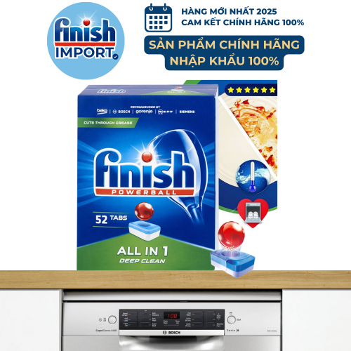 Hộp 52 viên rửa chén Finish All in 1 – (6x tính năng trong 1 viên – Hương Tự Nhiên) – (Dành cho máy rửa chén 9-10-12-13 bộ trở xuống).